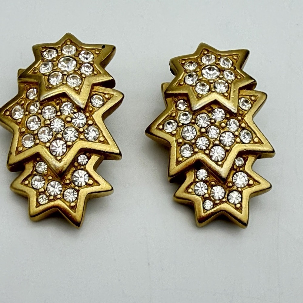 Vtg SWAROVSKI Swan Signed Star Earrings Climber Matt Gold Clip On 80s
